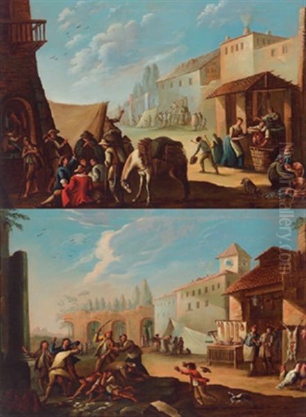 Volkstreiben Auf Einem Marktplatz (+ Figures In A Landscape; Pair) Oil Painting by Giovanni Michele Graneri