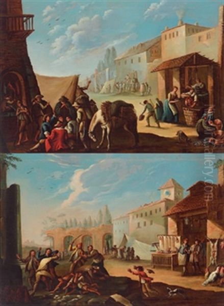 Volkstreiben Auf Einem Marktplatz (pair) Oil Painting by Giovanni Michele Graneri