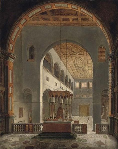 The Interior Of Santi Quattro Coronati, Rome, Looking West From Behind The Altar Oil Painting by Francois Marius Granet