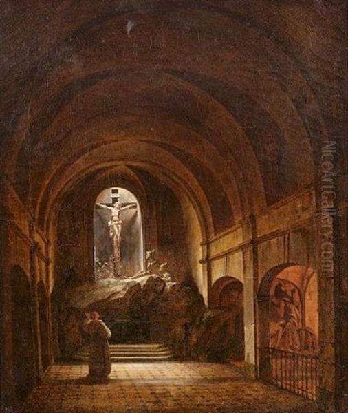 A Monk In A Church Interior Oil Painting by Francois Marius Granet