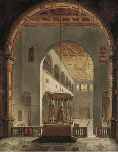 Interior Of Santi Quattro Coronati, Rome, Looking West From Behind The Altar Oil Painting by Francois Marius Granet