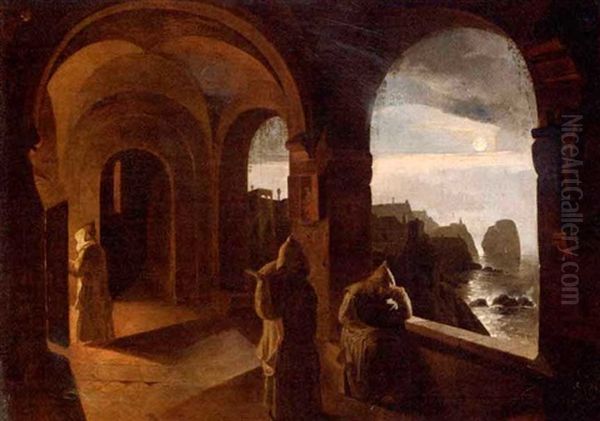 Monks On The Terrace Of The Certosa In Capri Oil Painting by Francois Marius Granet