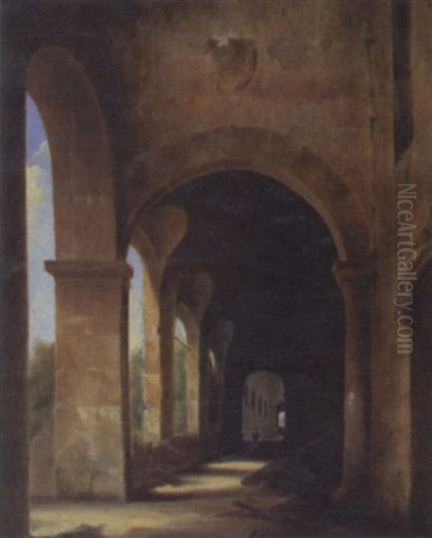 A Cloister With A Gardener Wheeling A Barrow Oil Painting by Francois Marius Granet