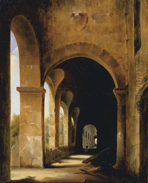 A Cloister With A Gardener Wheeling A Barrow by Francois Marius Granet