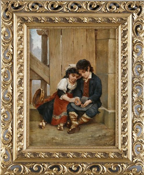 Kinderpaar Beim Zahlen Der Einnahmen Oil Painting by Leopold Graninger