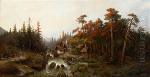 River Torrent In The Mountains Oil Painting by Leopold Graninger