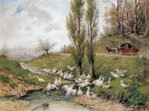 Fruhlingslandschaft Mit Gansen Am Bach Und Einer Pferdekutsche Oil Painting by Leopold Graninger