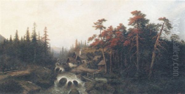 A River Torrent In An Autumnal Mountain Landscape by Leopold Graninger