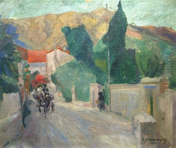 Horse And Cart With Figures On A Village Street With Mountains Beyond Oil Painting by Sam Granowsky