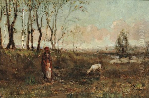 Shepherdess With A Young Girl And Lamb Oil Painting by Clement Rollins Grant