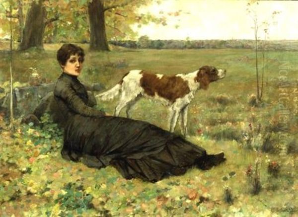 Autumn Repose/portrait Of A Woman And Dog In A Landscape Oil Painting by Clement Rollins Grant