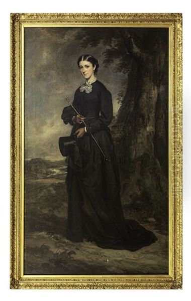 Portrait Of A Lady, Full Length, Standing In A Landscape Wearing A Riding Habit Oil Painting by Sir Francis Grant