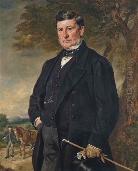 Portrait Of James Hunt, Three-quarter Length, Holding A Top Hat, Riding Crop And Gloves In One Hand Oil Painting by Sir Francis Grant