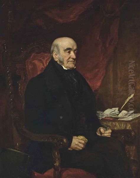 Portrait Of Mr Rawson, Three-quarter-length, In A Black Coat, Seated At His Desk In An Interior Oil Painting by Sir Francis Grant