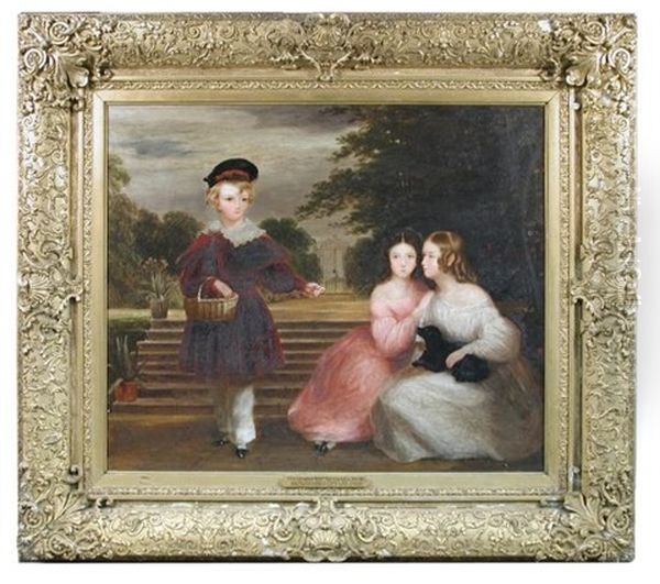 Portrait Of Christopher William Robinson (1836-1889) Of Dullingham House And Denston Hall, With His Two Sisters Ada And Harriet Pigott, And A Small Black Dog Oil Painting by Sir Francis Grant