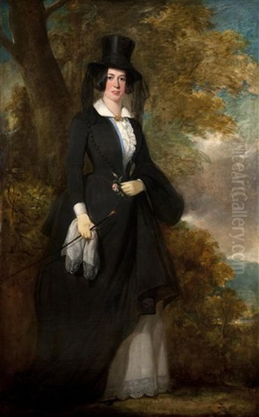 Portrait Of An Elegant Lady In Riding Habit, Standing By A Parkland Tree Oil Painting by Sir Francis Grant