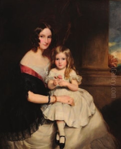 The Hon. Maria Clara Murray And Daughter, Seated On A Terrace, View To Landscape Beyond Oil Painting by Sir Francis Grant