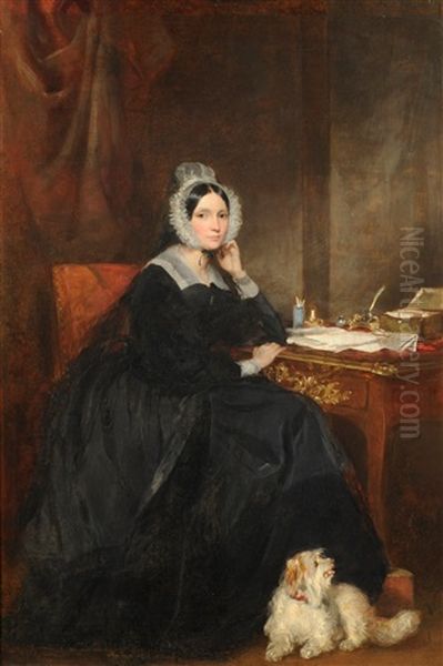 Portrait Of Charlotte, Lady Malcolm, Seated Beside A Desk, A Dog At Her Feet Oil Painting by Sir Francis Grant