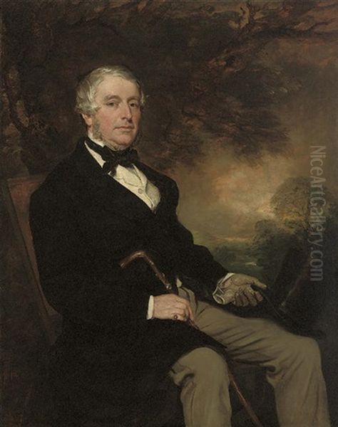 Portrait Of David Barclay, Chapman Of Roehampton, In A Black Coat And Black Bow-tie, Holding A Walking Stick by Sir Francis Grant