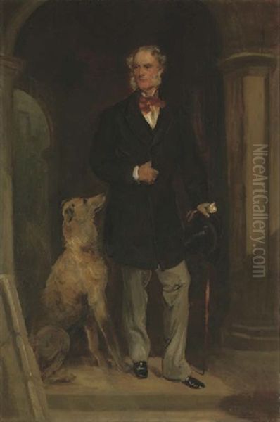 Portrait Of The 6th Earl Of Tankerville, Small Full-length, In A Dark Coat, With A Walking Stick, A Deer Hound At His Side, In An Arch Oil Painting by Sir Francis Grant