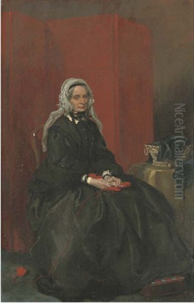 Portrait Of Emily Jane, Viscountess Hardinge (1789-1865), Full-length, Seated In A Black Dress, Knitting, A Red Screen Beyond Oil Painting by Sir Francis Grant