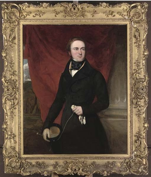 Portrait Of Sir Creswell Creswell, Three-quarter-length, In A Black Coat, Holding A Top Hat, Gloves And Whip, A Red Curtain And Landscape Beyond Oil Painting by Sir Francis Grant