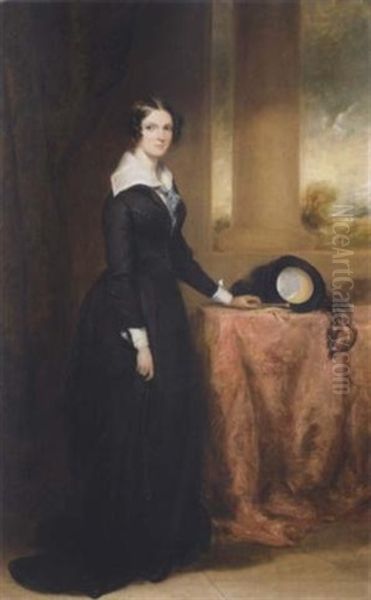 Portrait Of Margaret Henry Wearing A Black Dress, Her Hat On A Table Beside Oil Painting by Sir Francis Grant