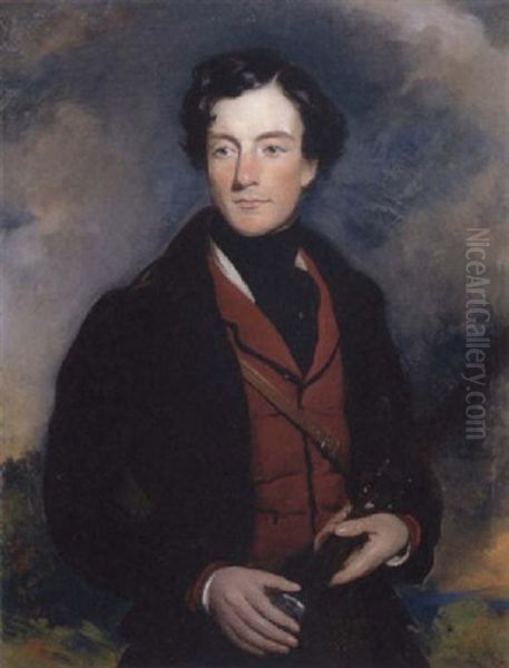 Portrait Of A Gentleman Holding A Gun And Wearing A Brown Coat And Red Waistcoat Oil Painting by Sir Francis Grant