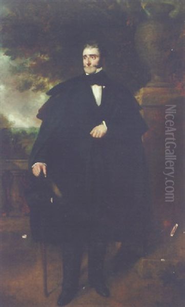 Portrait Of A Gentleman, (member Of The Fortescue Family?), In A Black Suit And Cloak, Holding A Top Hat And Cane Oil Painting by Sir Francis Grant