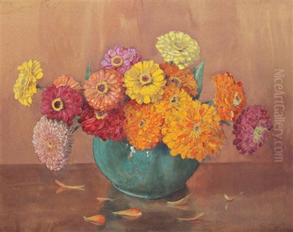 Zinnias Oil Painting by Nicolae Grant