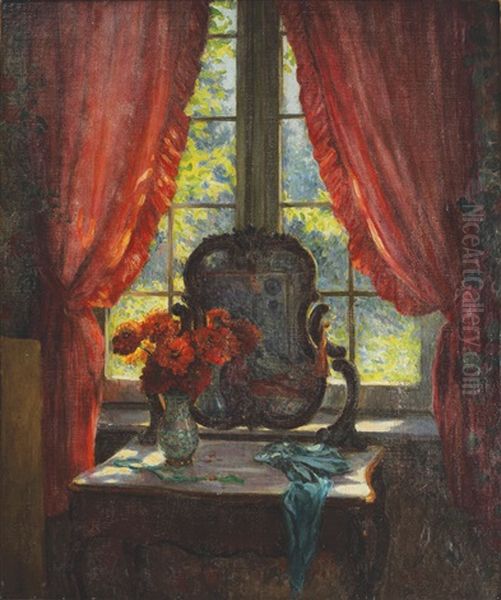 Interior With Mirror And Chrysanthemums Oil Painting by Nicolae Grant