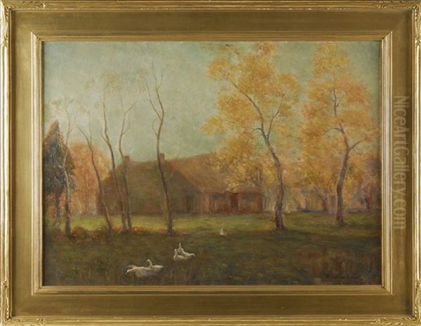 Tonalist Landscape With Geese And Houses Through The Trees Oil Painting by Walter Granville-Smith