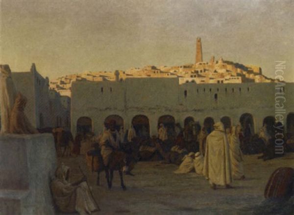 Oriental Market At Ghardaia Oil Painting by August Johannes le Gras