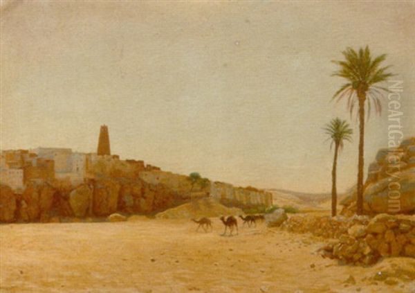 Camels Before A North-african Desert Village Oil Painting by August Johannes le Gras