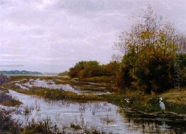 Moeraslandschap Met Reiger En Eenden Oil Painting by August Johannes le Gras