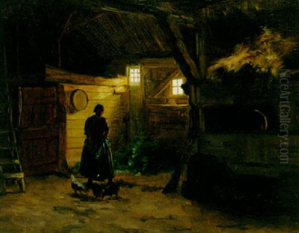 Feeding The Chickens Oil Painting by August Johannes le Gras