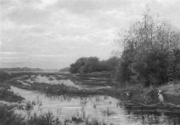 A Wooded Marsh Landscape With A Heron And Ducks, At Dusk Oil Painting by August Johannes le Gras