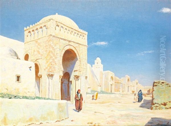 Promeneur Devant La Mosquee De Kairouan Oil Painting by August-Jean-Francois-Jean-Baptiste le Gras