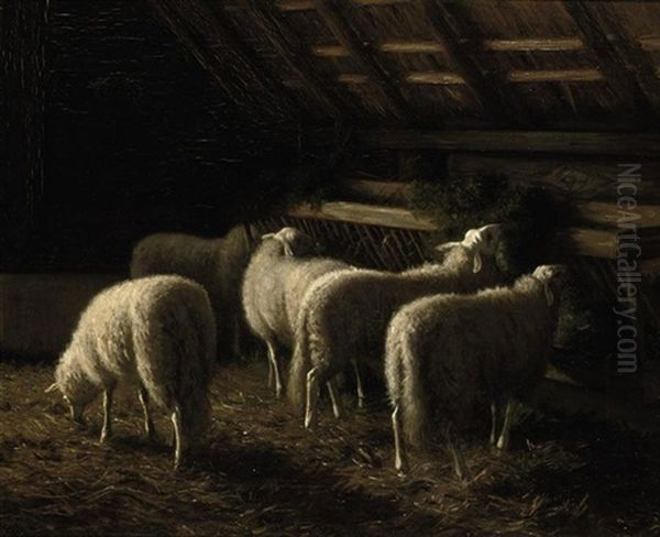 Sheep In The Barn Oil Painting by August-Jean-Francois-Jean-Baptiste le Gras