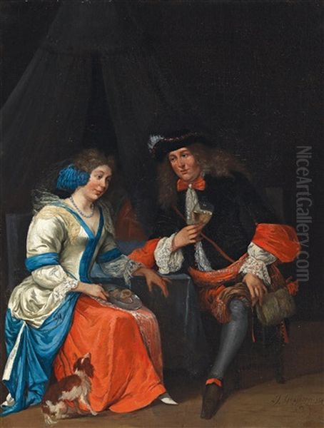 An Elegant Gentleman And A Lady Conversing Oil Painting by Jan Grasdorp