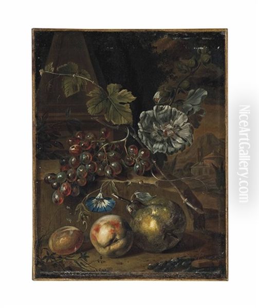 A Peach, A Plum And A Pear, With Grapes On A Stone Ledge, An Italianate Landscape Beyond by Willem Grasdorp