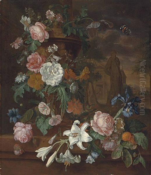 Lillies, Peonies, Roses, Carnations And Other Flowers In A Sculpted Urn On A Shore Ledge, With A Statue A Classical Temple Beyond Oil Painting by Willem Grasdorp