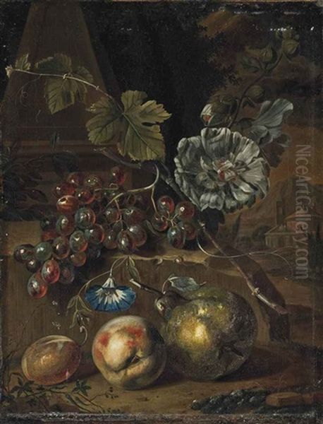 A Peach, A Plum And A Pear, With Grapes On A Stone Ledge, An Italianate Landscape Beyond Oil Painting by Willem Grasdorp