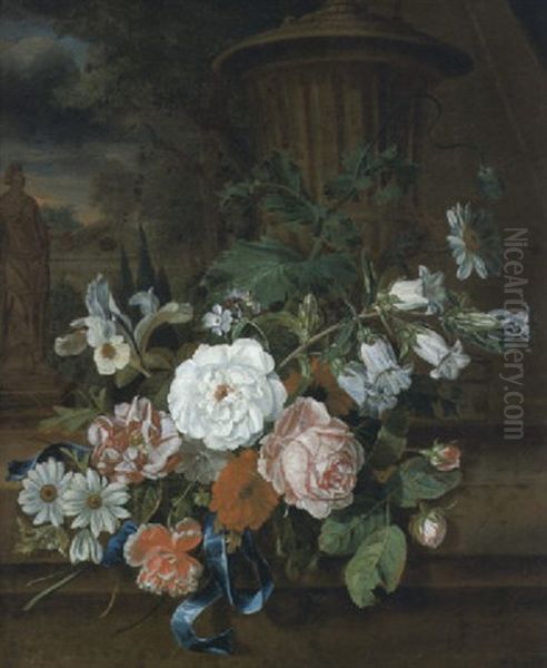 Stilleben Von Rosen, Malven, Klatscmohn, Schwertlilie, Marienglockenblume In Einer Parklandschaft Oil Painting by Willem Grasdorp