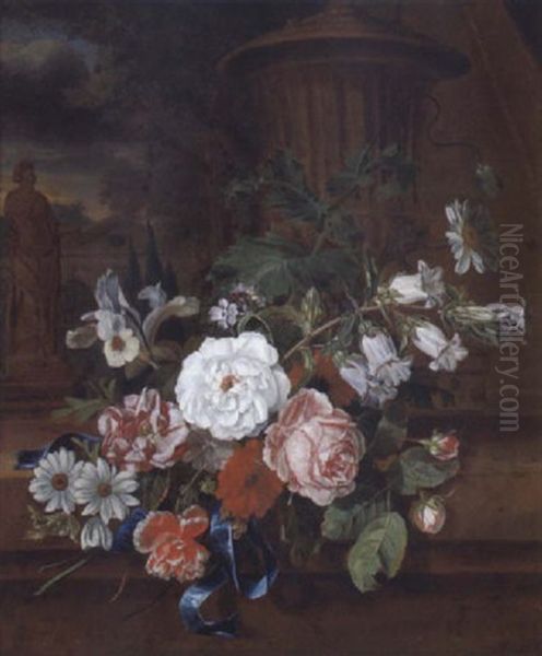 Stilleben Mit Rosen, Malven, Klatschmohn, Schwertlilie, Marien-glockenblume, Schlafmohn Und Anderen Bluten Auf Einer Steinplinthe In Einer Parklandschaft Mit Einer Statue Vor Abendlichem Himmel Oil Painting by Willem Grasdorp