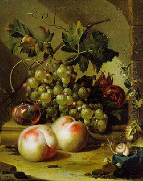 Grapes, Pomegranates And A Plum On A Stone Ledge, With Peaches, A Snail And Mushrooms Oil Painting by Willem Grasdorp