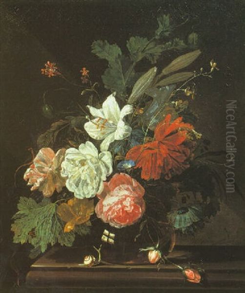 Still Life Of Roses, Lilies And Other Flowers In A Glass Vase With A Snail On A Marble Ledge Oil Painting by Willem Grasdorp