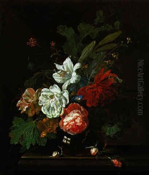 Ein Blumenstrauss Von Rosen, Tulpen, Mohnblumen, Wicken Und Einer Dahlie In Einer Glasvase Oil Painting by Willem Grasdorp