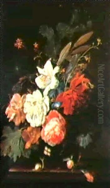 Bouquet De Fleurs Dans Un Vasetranslucide Pose Sur Un       Entablement Oil Painting by Willem Grasdorp