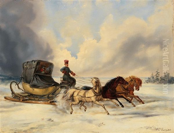 A Sleigh Ride Oil Painting by Otto Grashof